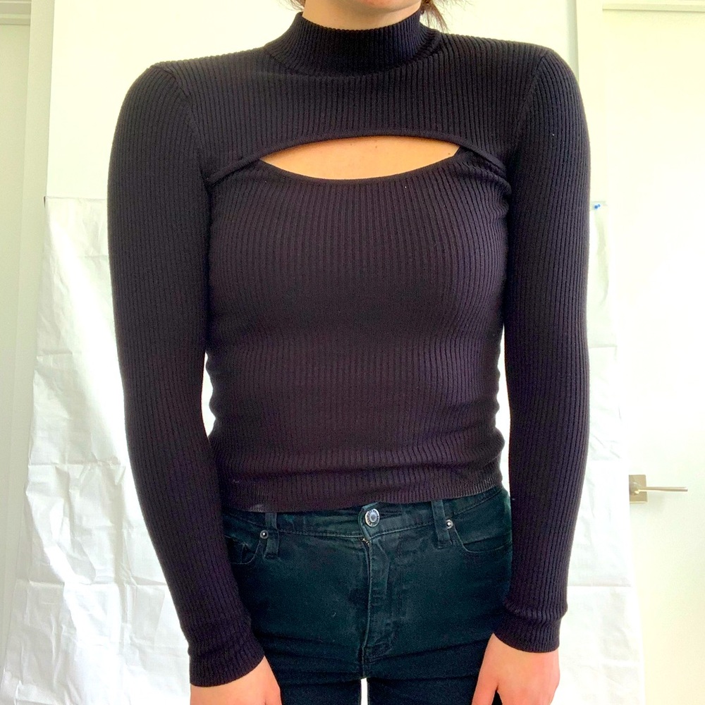 Black Ribbed Cut Out Turtleneck